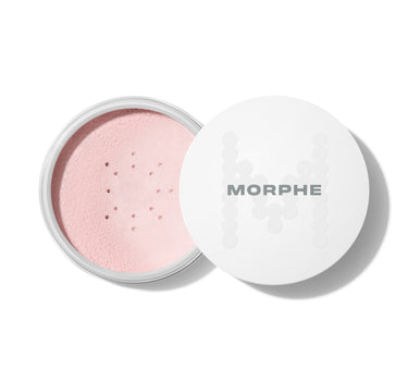 {Brightening Pink} Bake & Set Setting Powder Jumbo open, showing finely milled pale pink powder with MORPHE printed on the lid. | Jumbo Bake & Set Setting Powder