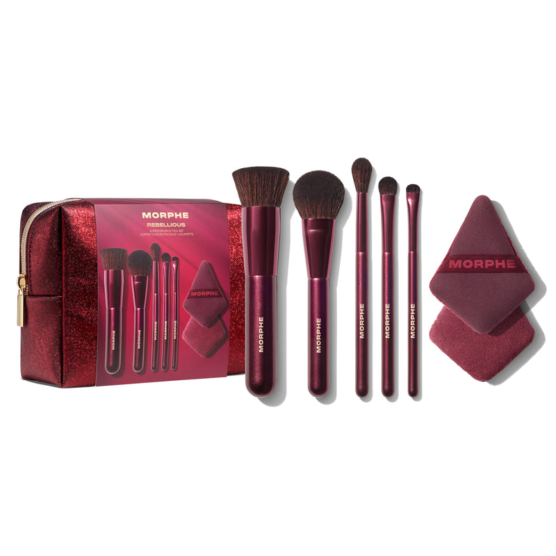 Morphe makeup brush set with red packaging on a white background