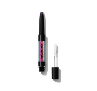 {Committed/Conflicted} Morphe Mixed Signals Dual Ended Cream & Liquid Shadow Stick open, showing purple cream tip and white liquid applicator wand, with iridescent