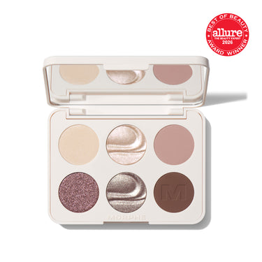 {Rich Glitch} Open Morphe Chromaplus 6 Pan Eyeshadow Palette with 6 shades: ivory matte, champagne shimmer, mauve matte, plum glitter, silver duochrome, and brown matte with M logo; "MORPHE" engraved on base. | ChromaPlus 6-Pan Eyeshadow Palette