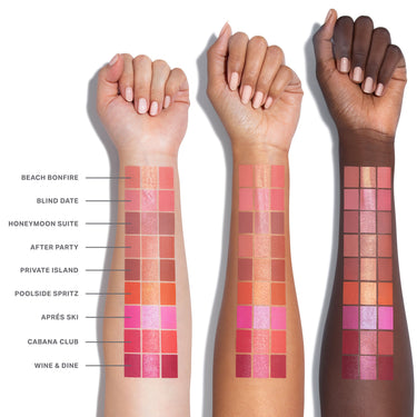 Three skin tones swatched with Morphe Cheek Thrills Multi-Finish Face Trio shades: Beach Bonfire, Blind Date, Honeymoon Suite, After Party, Private Island, Poolside Spritz, Aprés Ski, Cabana Club, Wine & Dine.