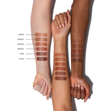 Morphe Complexion Boost Peptide Bronzer Serum swatched on fair, medium, and deep skin tones showing all 6 shades: Wave, Coast, Surge, Burst, Tide, and Flux