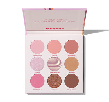 Morphe Forbidden Honey Eyeshadow Palette open, showing formula and applicator. | Forbidden Honey Eyeshadow Palette