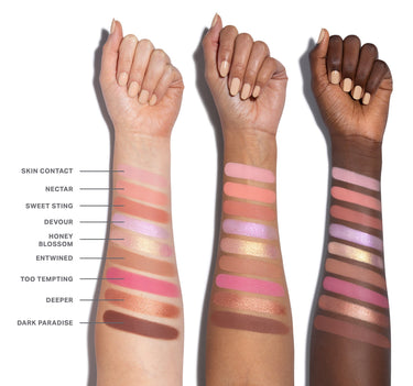 Arm swatches showing Morphe Forbidden Honey Eyeshadow Palette shades applied across multiple skin tones on models