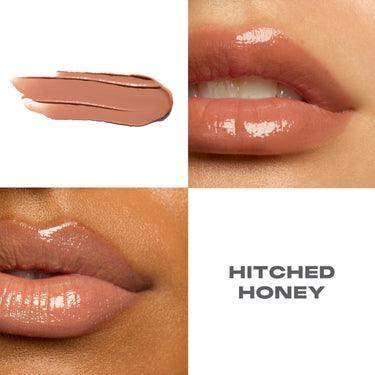 {Hitched Honey}
Lipstick swatch and application on lips with 
