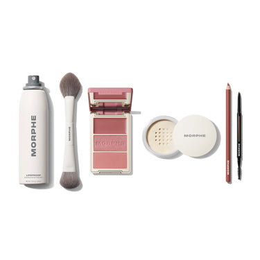 Morphe makeup essentials bundle with Lifeproof setting spray, dual-ended powder brush, pink blush palette, translucent setting powder, mauve lip liner, and dual-ended brow pencil | Beauty Starter Bundle