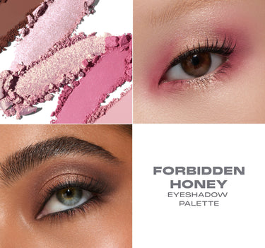 Close-up macro shot of Morphe Forbidden Honey Eyeshadow Palette showing formula texture and applicator detail.