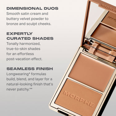Morphe Cheek Thrills Bronzer Duo benefits: Dimensional Duos smooth satin cream and velvet powder, Expertly Curated Shades tonally harmonized, Seamless Finish longwearing.