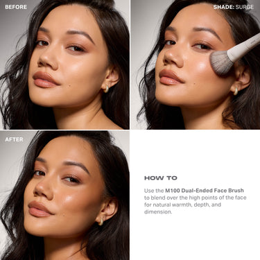 Before and after photos of model applying Morphe Peptide Bronzer Serum in shade Surge with the M100 Dual-Ended Face Brush for a natural bronzed glow