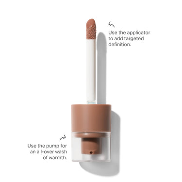 Close-up of Morphe Peptide Bronzer Serum doe-foot applicator and pump, used for targeted contour definition or an all-over wash of warmth