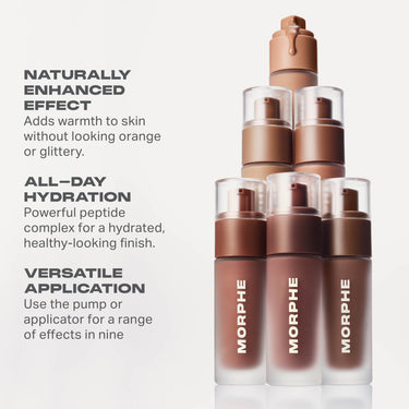 Five Morphe Complexion Boost Peptide Bronzer Serum bottles showing peptide-infused, hydrating bronzer formula with buildable, non-glittery finish