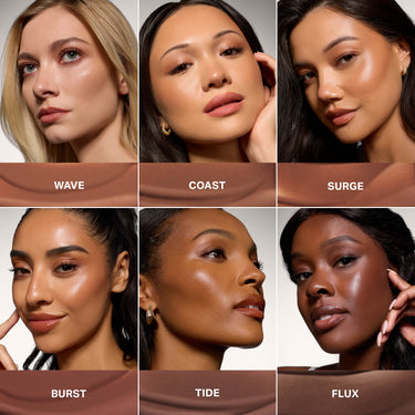 Six diverse models wearing Morphe Peptide Bronzer Serum in shades Wave, Coast, Surge, Burst, Tide, and Flux for a natural, radiant bronzed finish