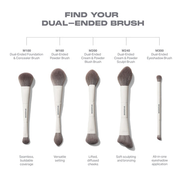 Find Your Dual-Ended Brush lineup: M100 Foundation & Concealer, M160 Powder, M200 Cream & Powder Blush, M240 Sculpt, M300 Eyeshadow.
