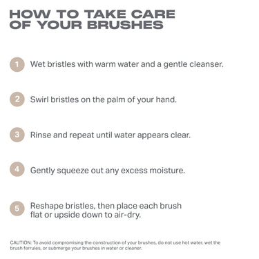 Morphe Iced Mocha brush care instructions: wet bristles with warm water and cleanser, swirl on palm, rinse until clear, squeeze out moisture, reshape and air-dry flat or upside down