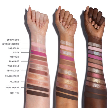 Three arms with makeup swatches labeled on a white background