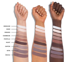18CT Matte Essentials Artistry Palette - Shearling, Sheer, Organze, Charmeuse, Pointelle, Velvet, Chiffon, Satin, Boucle arm swatches on three skin tones-view-3