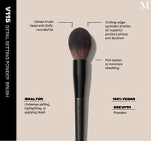 Infographic of brush details: V115 – DETAIL SETTING POWDER BRUSH
Dense brush head with fluffy, rounded tip, Cutting-edge synthetic bristles for superior product pickup and laydown
Pull-tested to minimize shedding 
100% vegan
IDEAL FOR: Undereye setting, highlighting, or applying blush
IDEAL WITH: Powders, Creams, Liquids -view-2